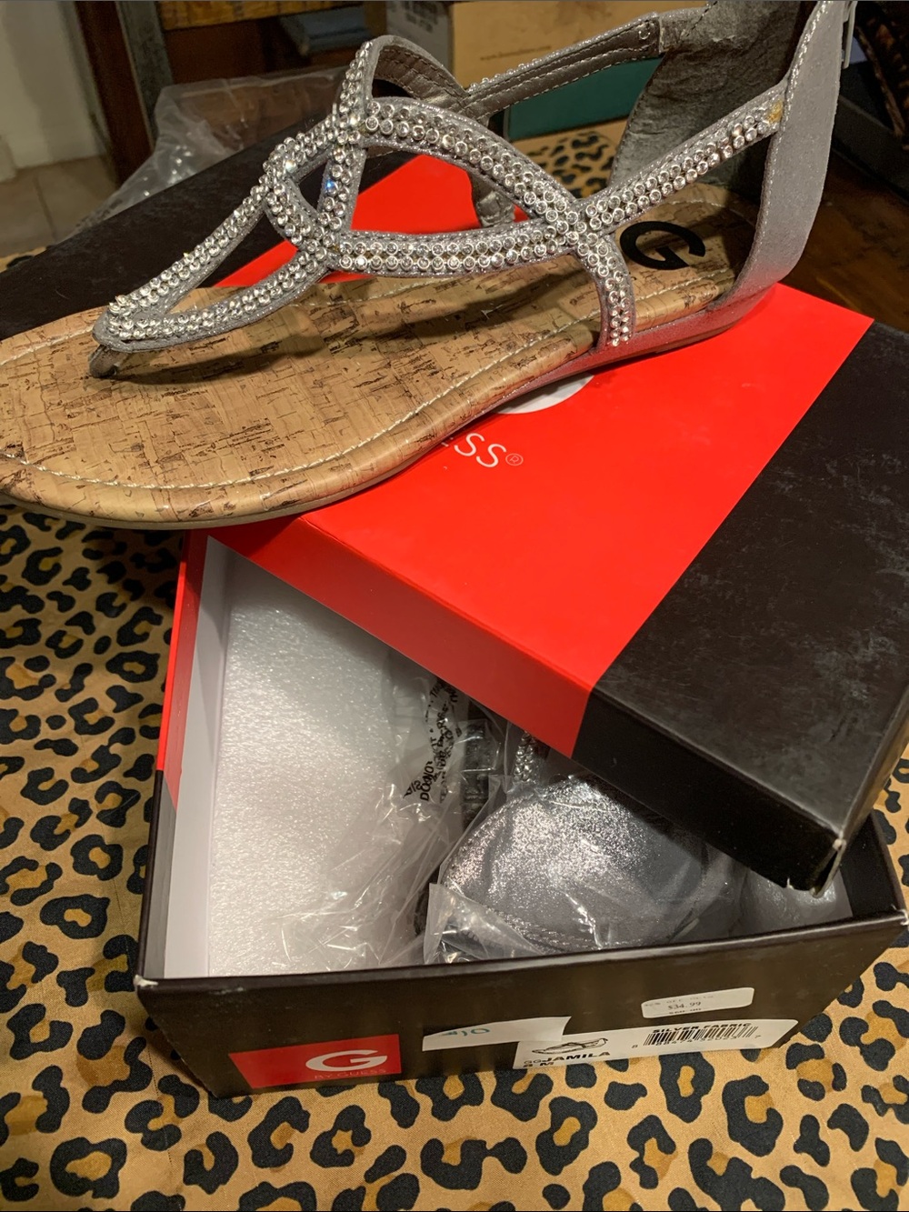 Guess Silver T-Strap Rhinestone Cork Footbed Sandals size 8